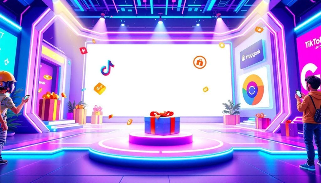 Een levendige TikTok strijdarena met virtuele geschenken en merklogo's.