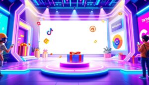 Een levendige TikTok strijdarena met virtuele geschenken en merklogo's.