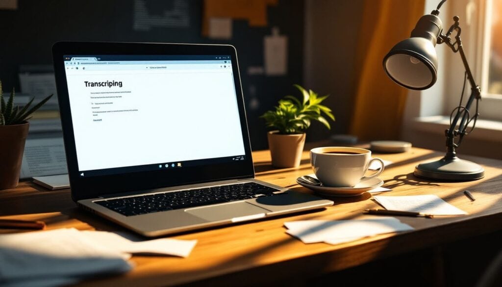 Een rommelig bureau met laptop, koffie en papieren.