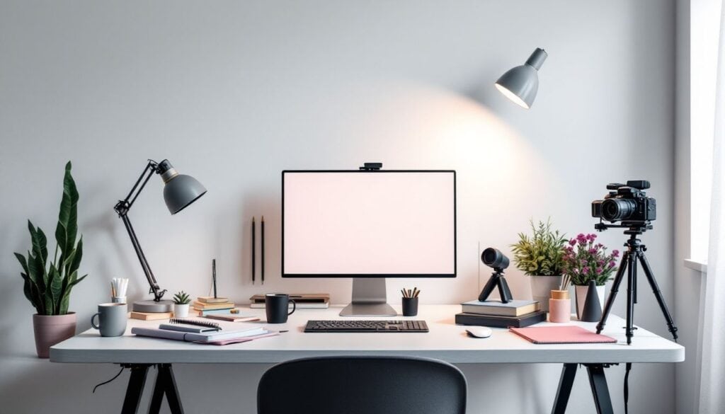 Een georganiseerde vloggers werkplek met essentiële benodigdheden.