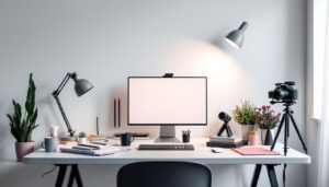 Een georganiseerde vloggers werkplek met essentiële benodigdheden.