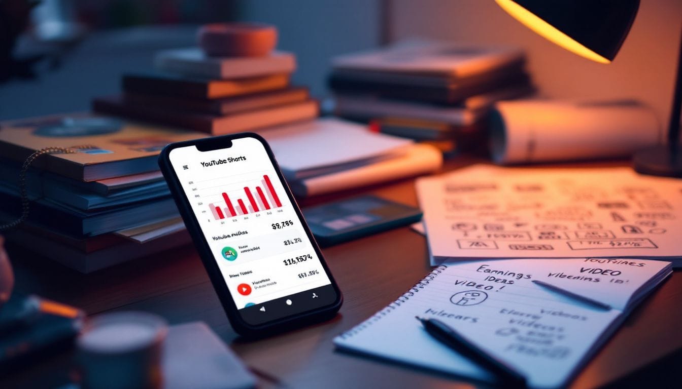 Een rommelig bureau met YouTube Shorts analytics, videoplanning en financiële rapporten. Een rommelig bureau met YouTube Shorts analytics, videoplanning en financiële rapporten.