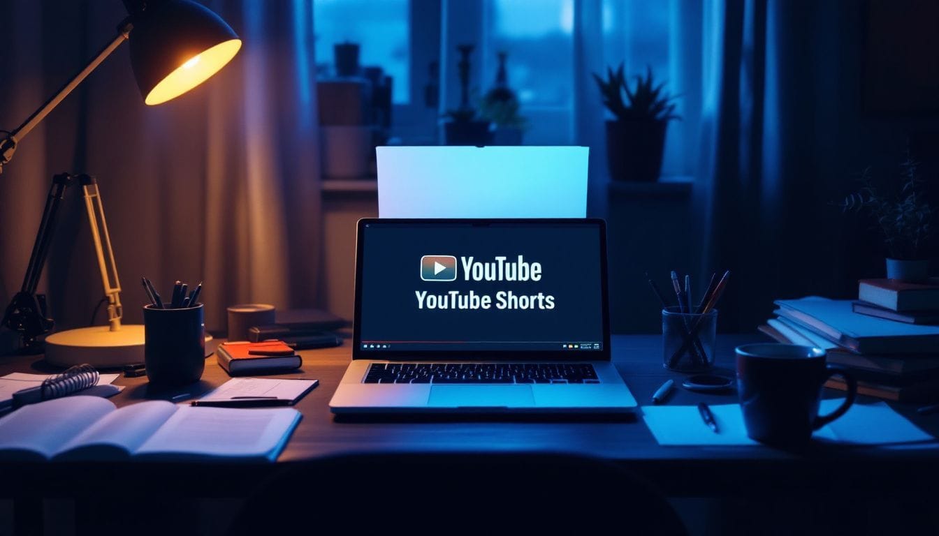 Een rommelig bureau met een open laptop, koffie en notitieboeken.