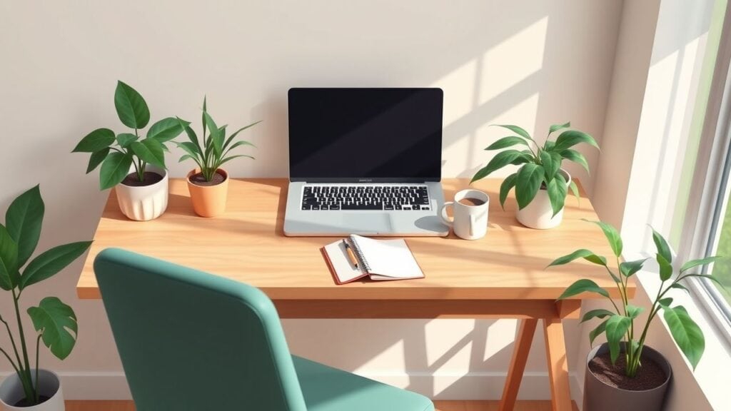 Een gezellige thuiswerkplek met minimalistisch design en groene planten.