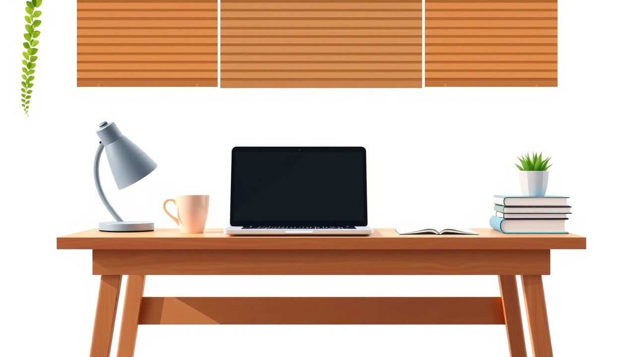 Een gezellige thuiskantoor met een houten bureau, laptop en boeken.