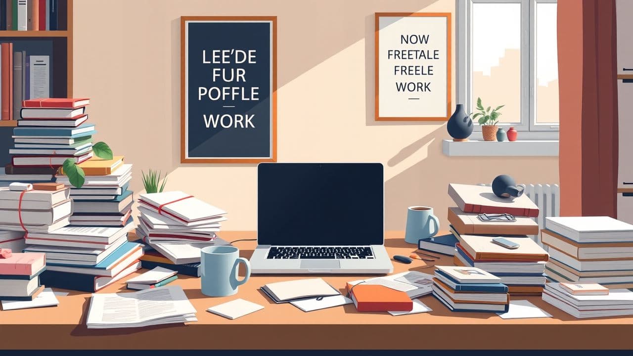 Een rommelig thuiskantoor met laptop, notities en boeken over freelance werk.