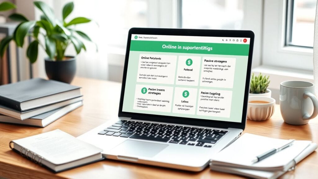 Een open laptop met online werk- en passief inkomenopties in een huiselijk kantoor.