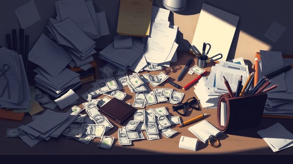 Een rommelig bureau met rekeningen en een lege portemonnee.