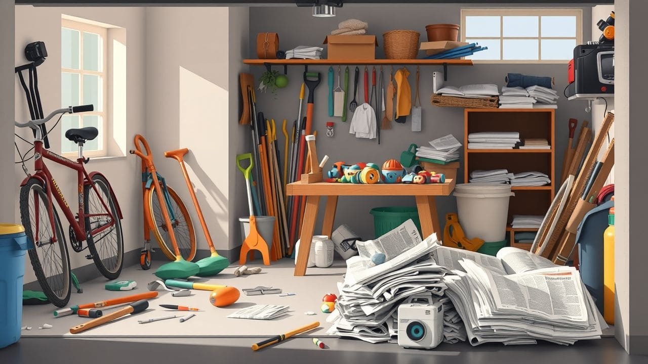 Een rommelige garage vol met fietsen, tuingereedschap en oude spullen.