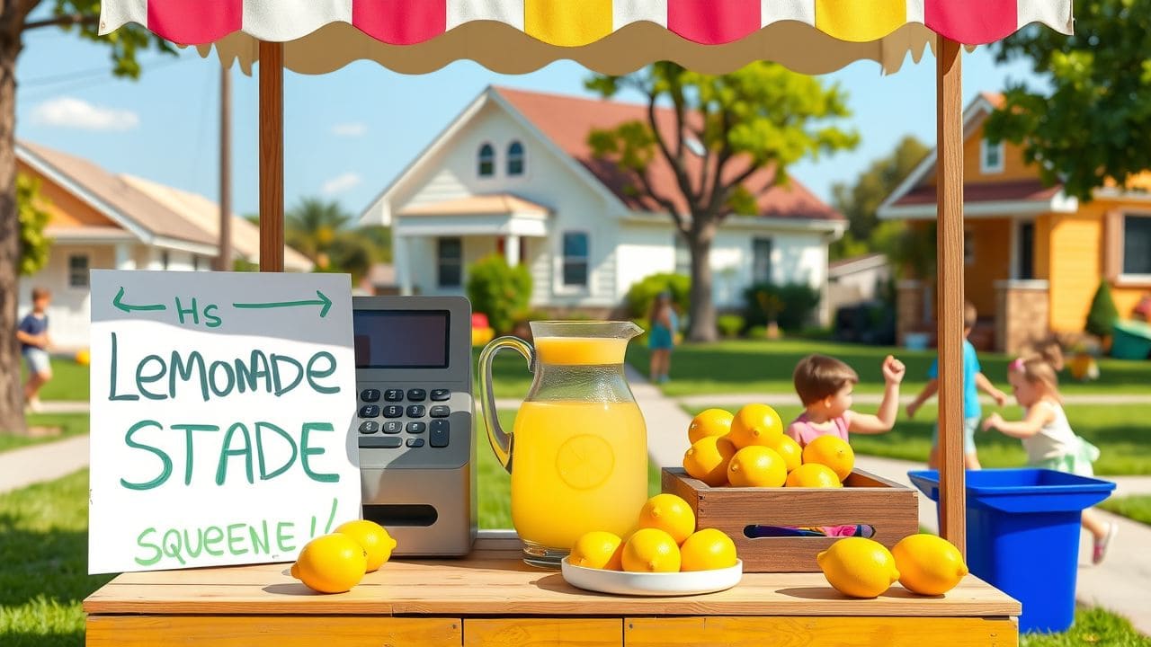Een kleurrijke limonadekraam in een zonnige woonwijk met vrolijke kinderen.