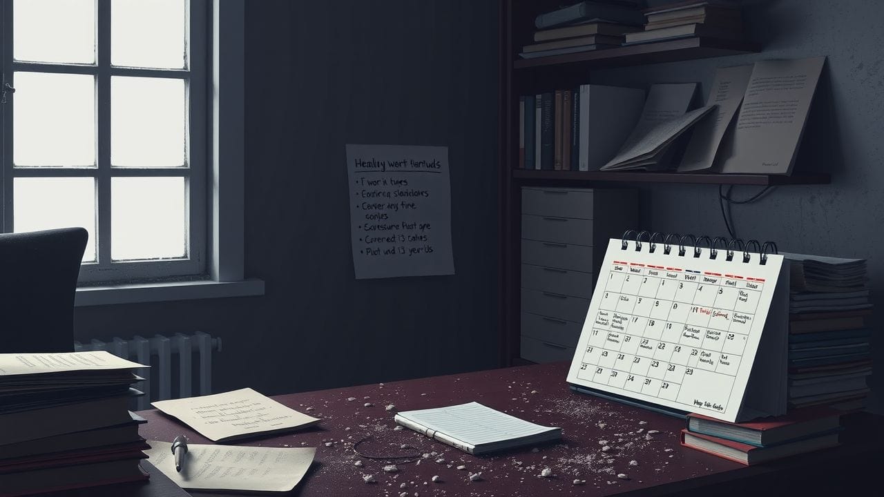 Een rommelige kamer met een stoffig bureau en oude boeken.