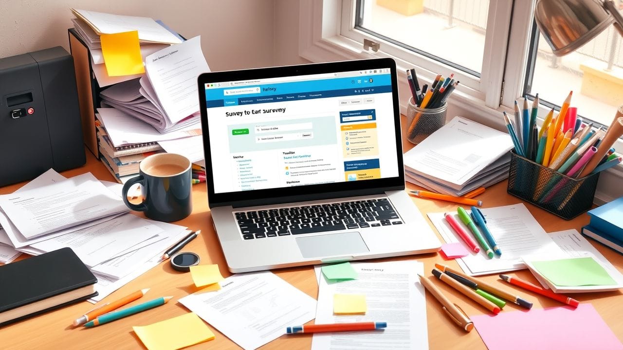 Een rommelig bureau met open laptop, papieren en koffiemok. Een rommelig bureau met open laptop, papieren en koffiemok.