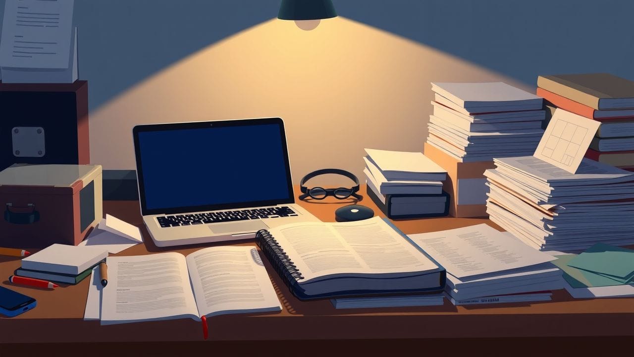 Een rommelig bureau met laptop, notitieboek en stapel papieren.