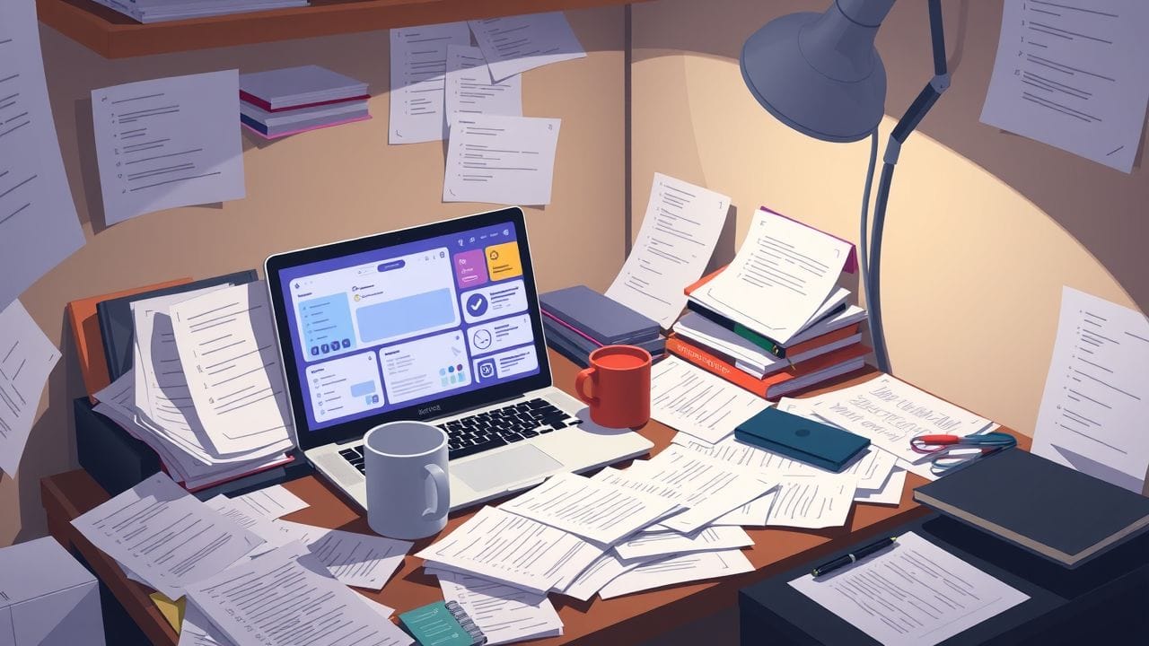 Een rommelig bureau met open laptop, notities en koffiemok.