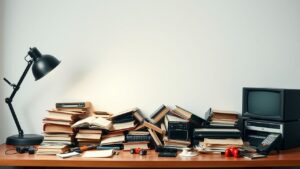 Een rommelig bureau symboliseert de strijd voor snel geld zonder de vereiste inspanning.