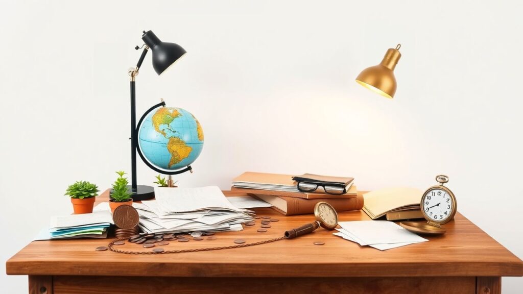 Een rommelig houten bureau met munten, planten en vintage items.