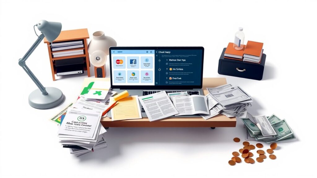 Een rommelig thuiskantoor met geldbesparende aanbiedingen en stapels rekeningen.