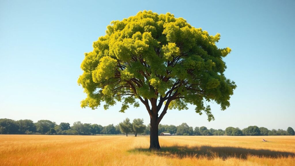 Een hoge boom met weelderige groene bladeren staat in een zonovergoten veld.