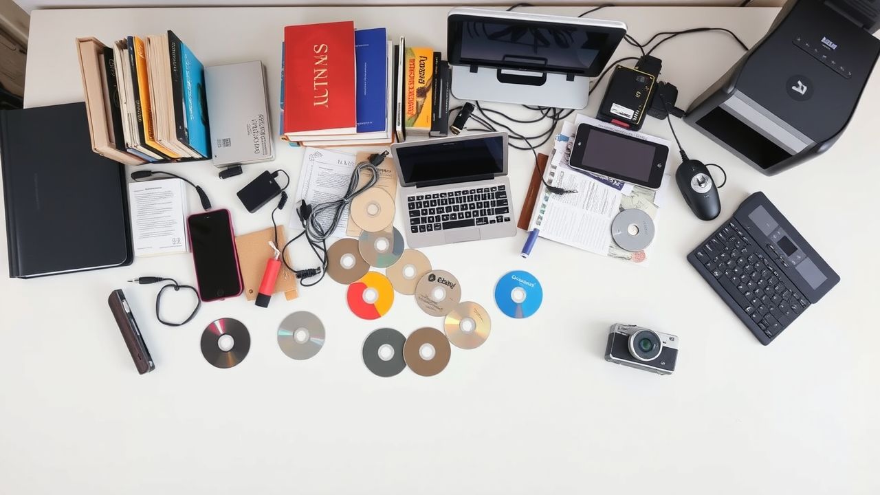 Een rommelig bureau met items klaar voor online verkoop. Een rommelig bureau met items klaar voor online verkoop.