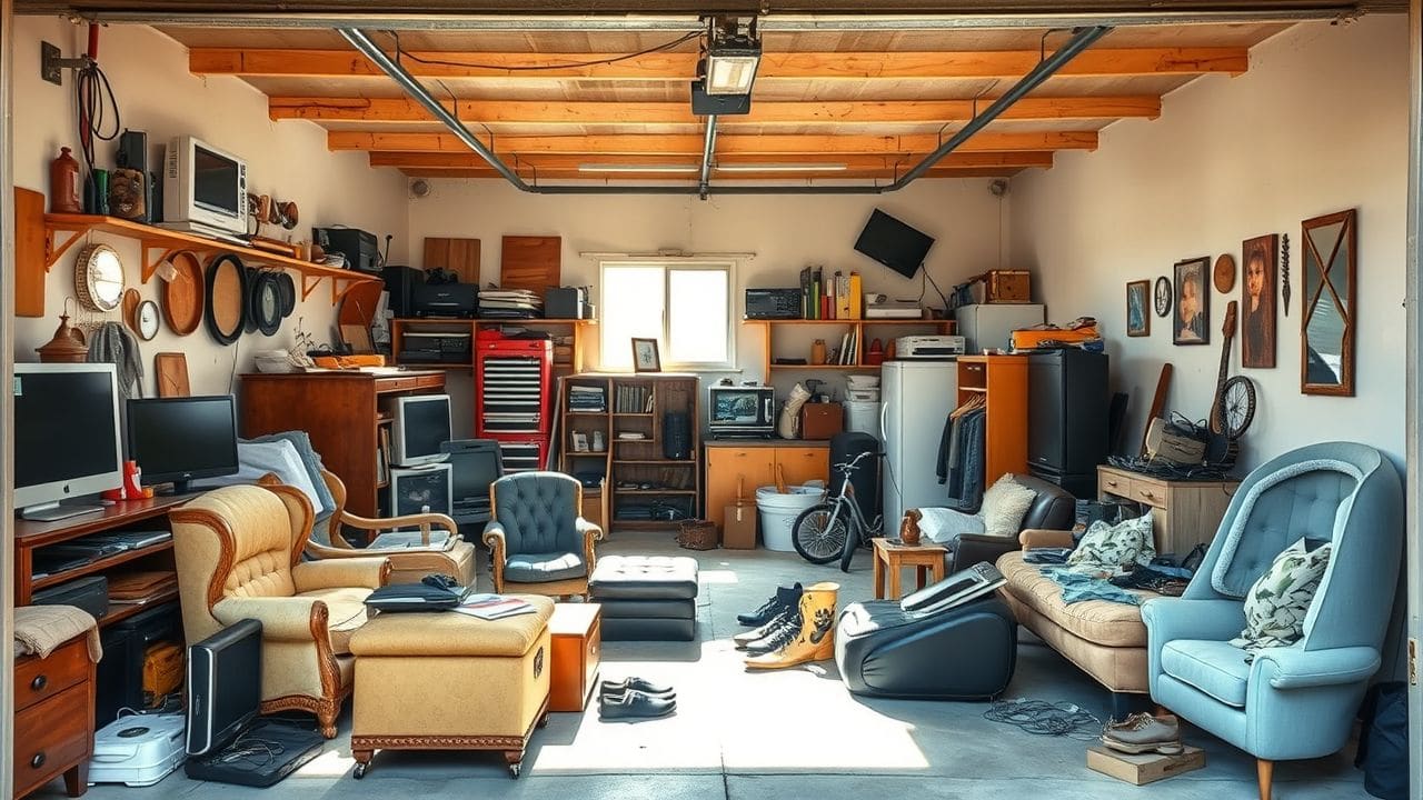 Een rommelige garage met potentieel voor verkoop.