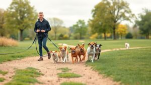 Een hondenuitlaatservice in het park op een bewolkte dag.