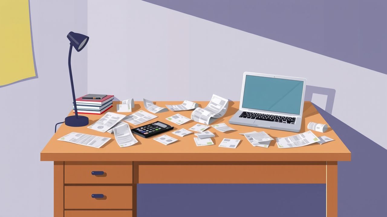 Een rommelig bureau met financiële documenten en een laptop.