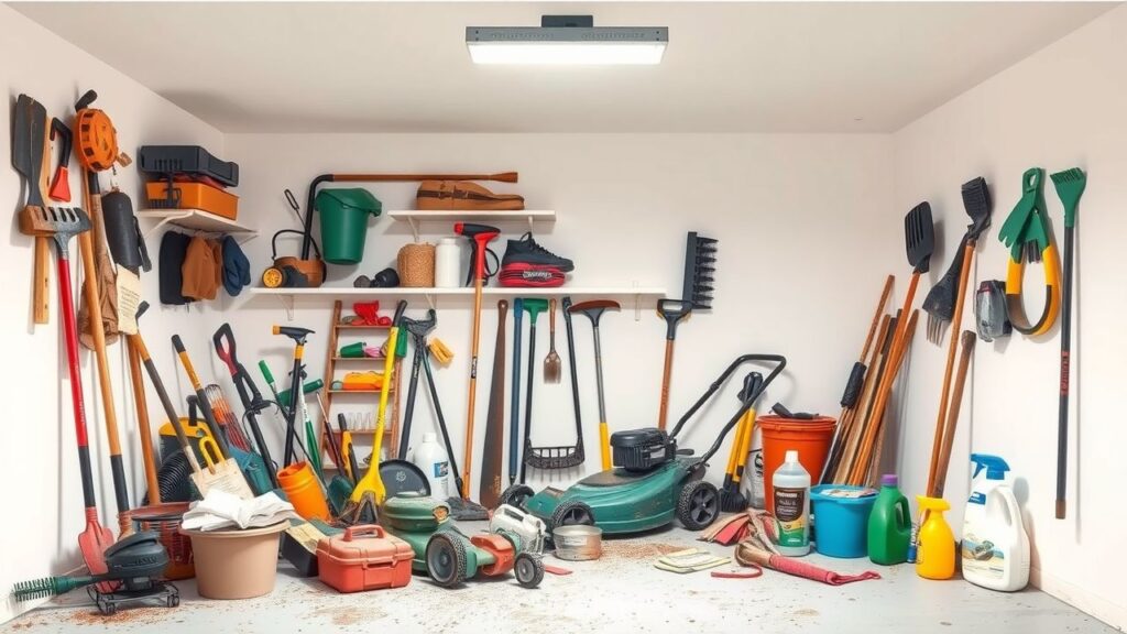 Een rommelige garage met tuingereedschap en schoonmaakspullen.