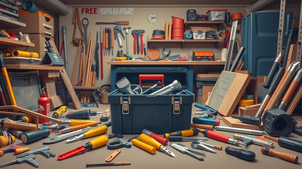 Een rommelige werkplaats met georganiseerde gereedschapskist en verspreide gereedschappen. Een rommelige werkplaats met georganiseerde gereedschapskist en verspreide gereedschappen.