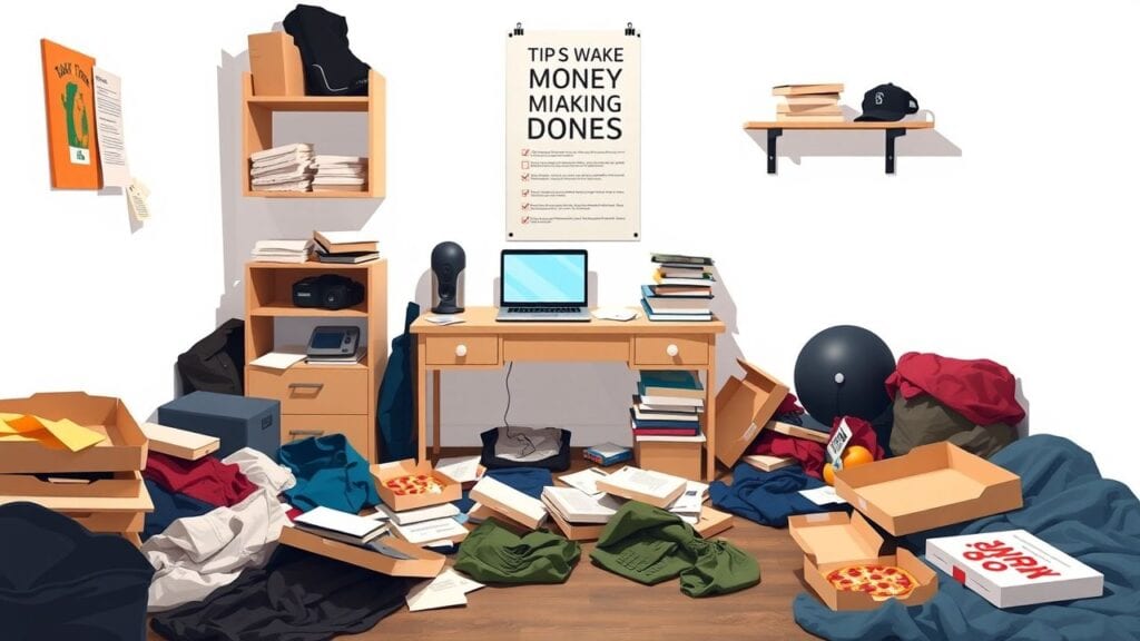 Een rommelige tienerkamer met open laptop en stapel boeken.