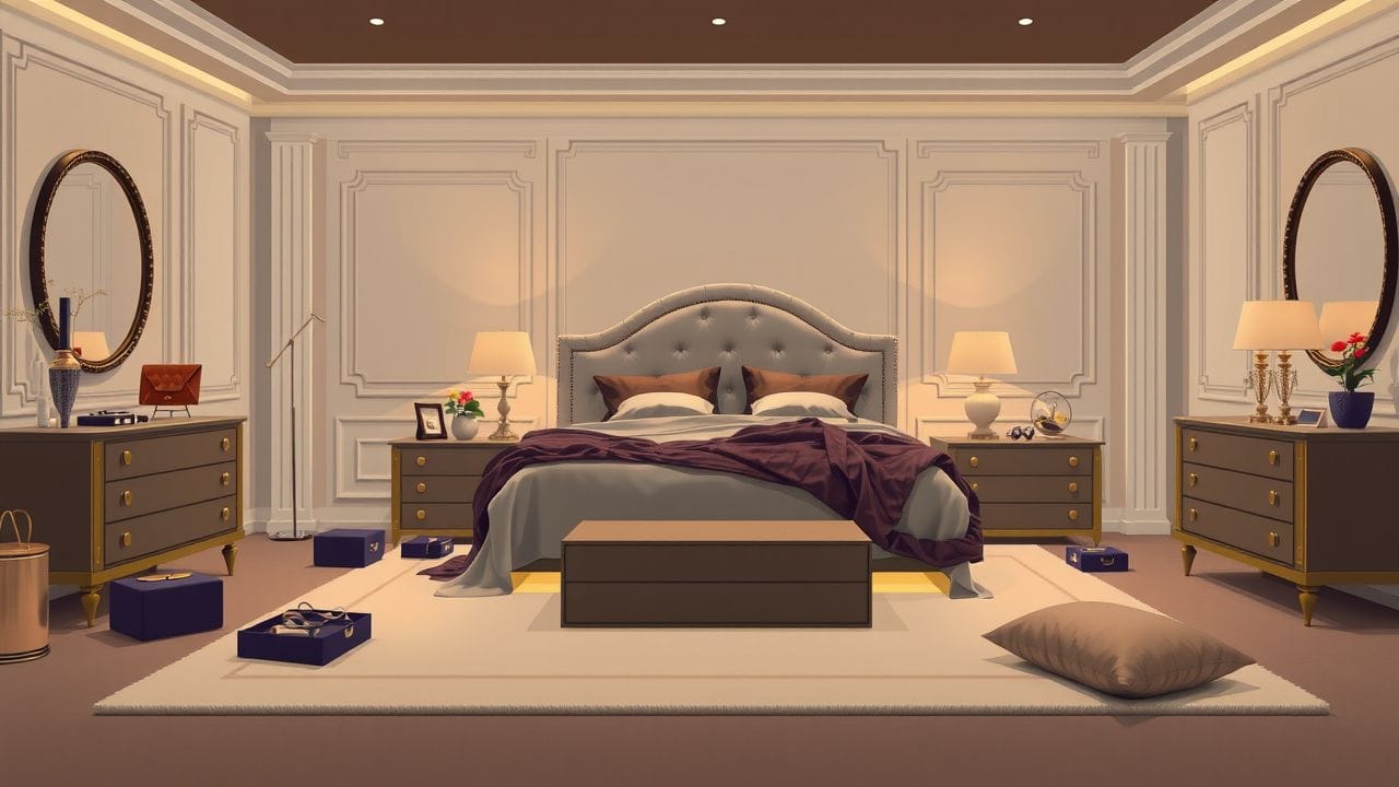 Een luxueuze slaapkamer met een elegante en mysterieuze sfeer. Een luxueuze slaapkamer met een elegante en mysterieuze sfeer.