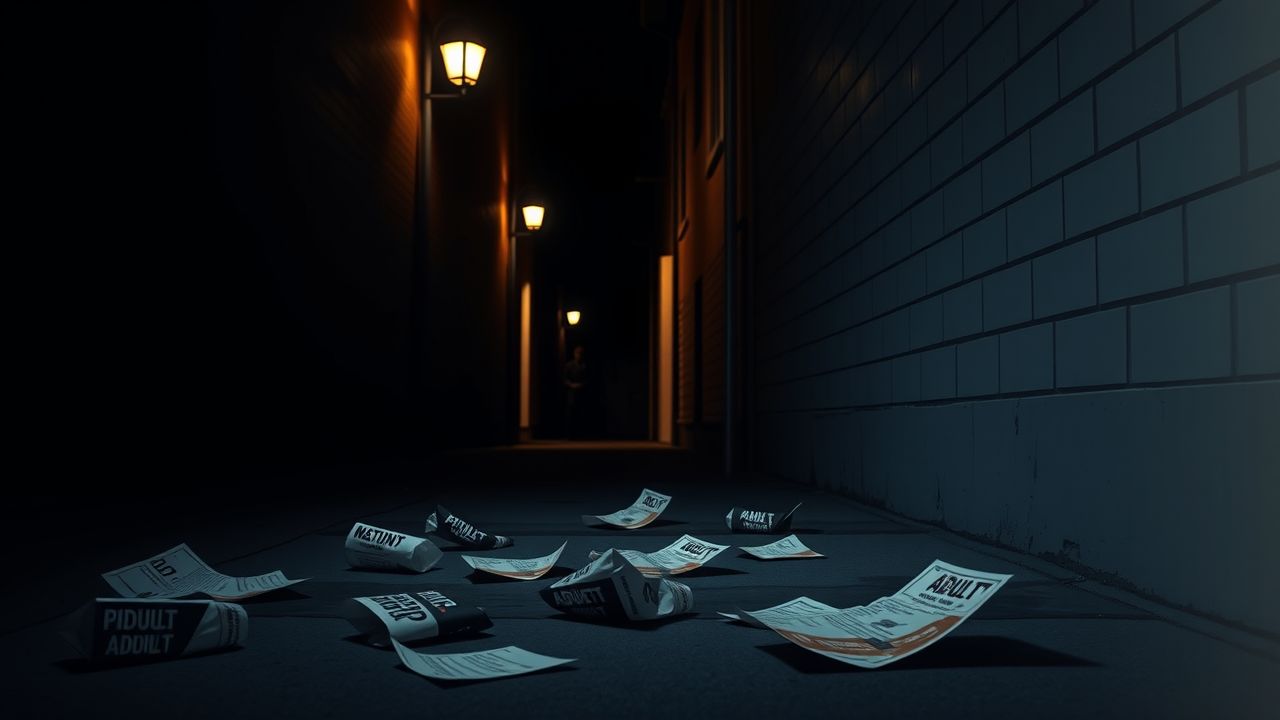 Een donkere steeg met verspreide flyers en een mysterieuze figuur.