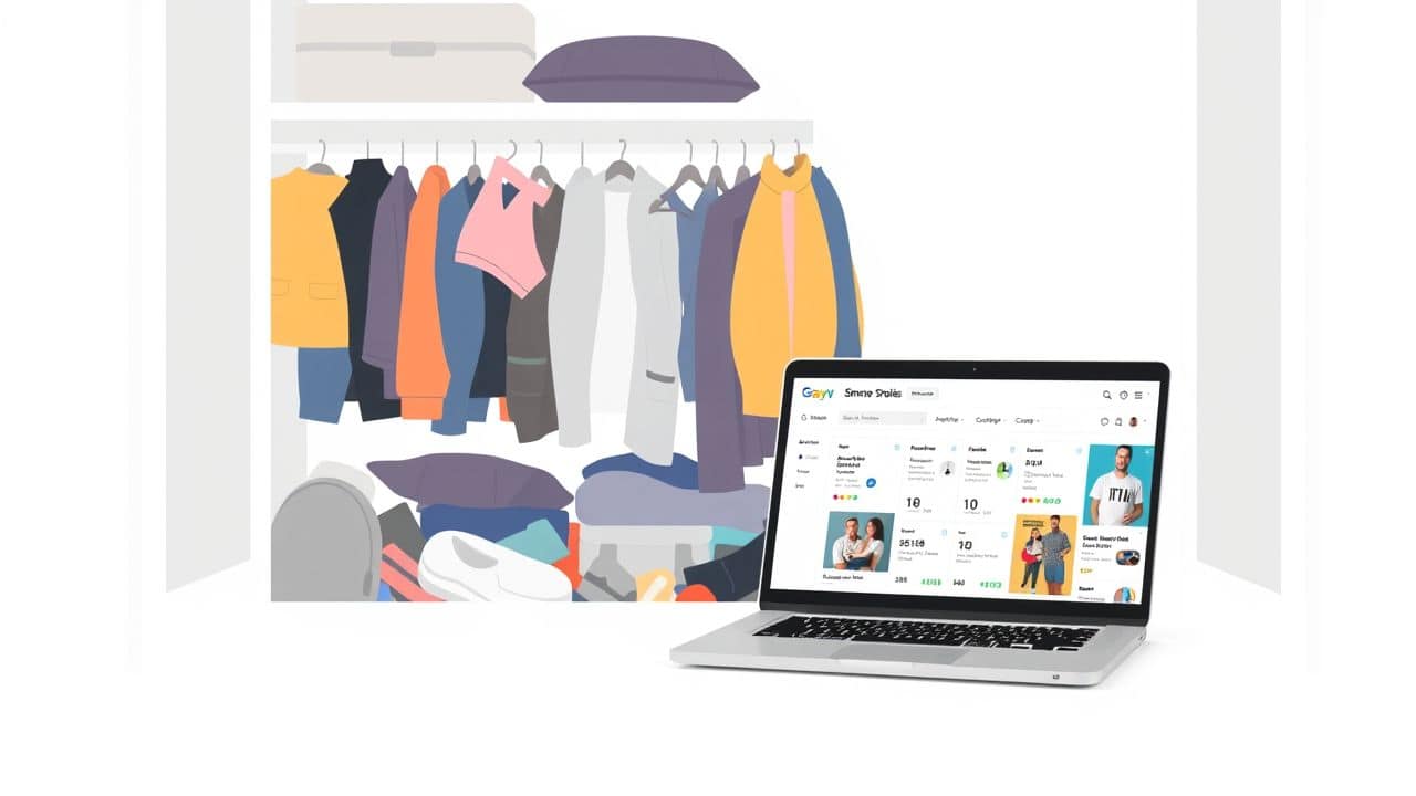 Een rommelige kast met ongebruikte spullen en een open laptop.