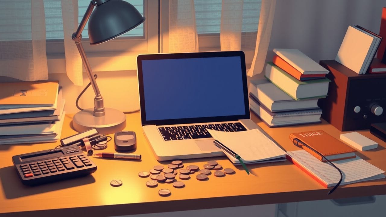 Een rommelig bureau in een gezellig thuiskantoor met een laptop en benodigdheden.