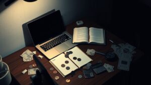 Een rommelig bureau met een laptop, notitieboek en geld.