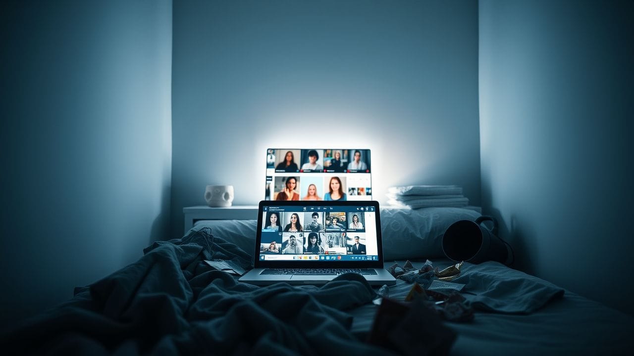 Een rommelige slaapkamer met een open laptop toont een webcam streamingswebsite.