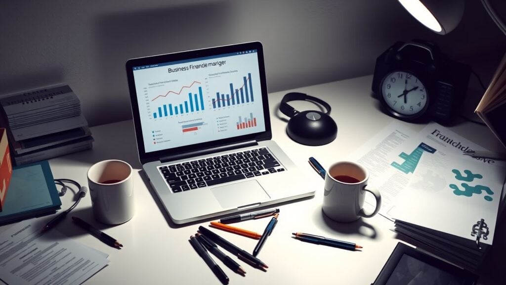 Een rommelig kantoorbureau met financiële documenten en een open laptop.