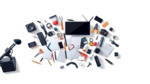 Een rommelig bureau met verspreide tools, gadgets en documenten.