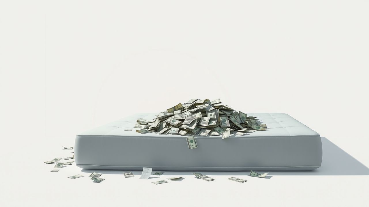Een stapel geld onder een matras, om veiligheid en geheimhouding te symboliseren. Een stapel geld onder een matras, om veiligheid en geheimhouding te symboliseren.