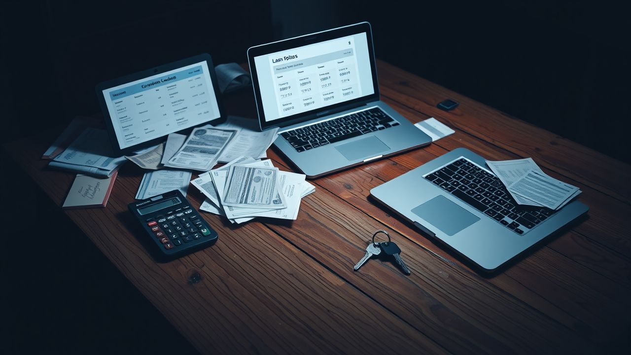 Een rommelige tafel met financiële stress en noodgeld.