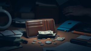 Een open portemonnee zonder geld op een rommelig bureau.