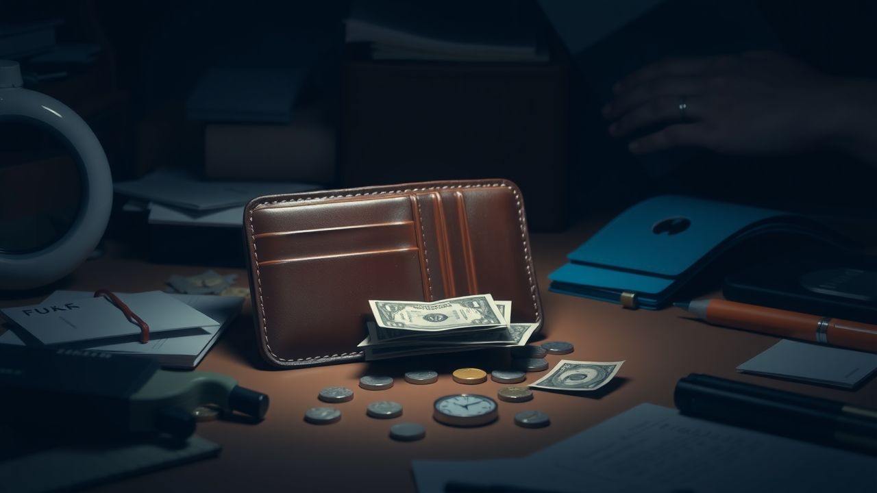 Een open portemonnee zonder geld op een rommelig bureau.