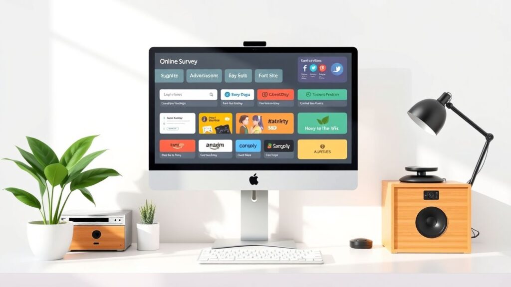 Een home office met een computer die verschillende online mogelijkheden voor extra inkomsten laat zien.