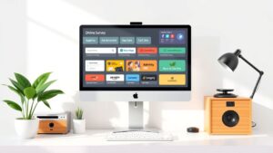 Een home office met een computer die verschillende online mogelijkheden voor extra inkomsten laat zien.