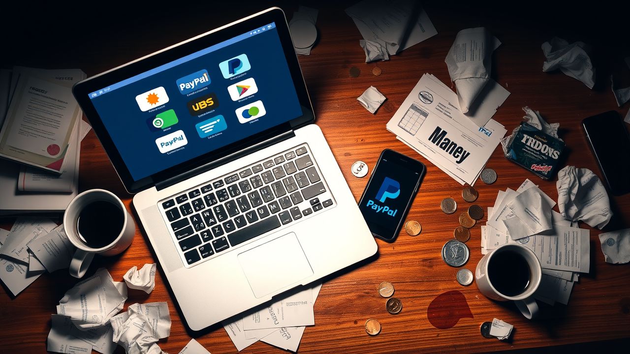 Een rommelig bureau met geldmakende apps en PayPal logo.