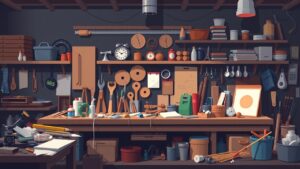 Een rommelige werkbank vol handgemaakte items en digitale producten.