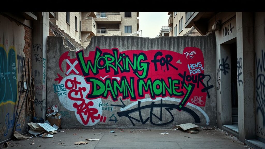 Een verlaten muur bedekt met kleurrijke graffiti met de boodschap 'Werken voor je verdomde geld'.