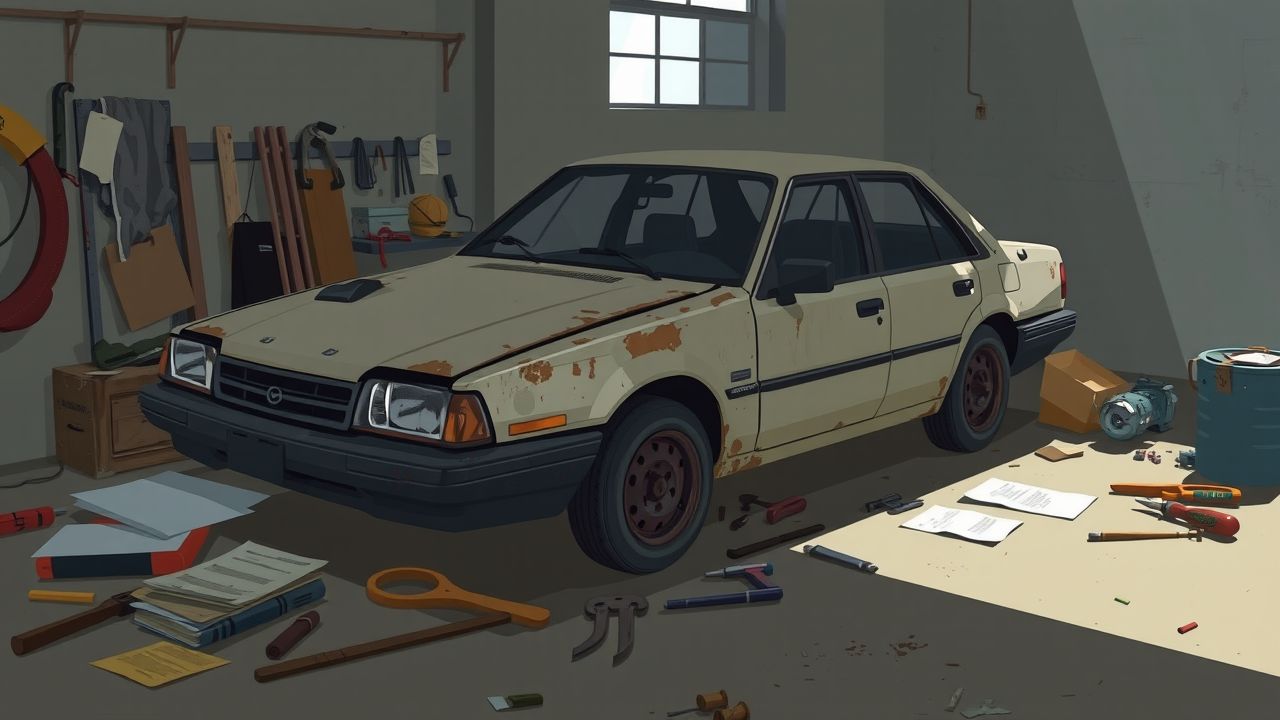 Een verwaarloosde auto in een rommelige garage.