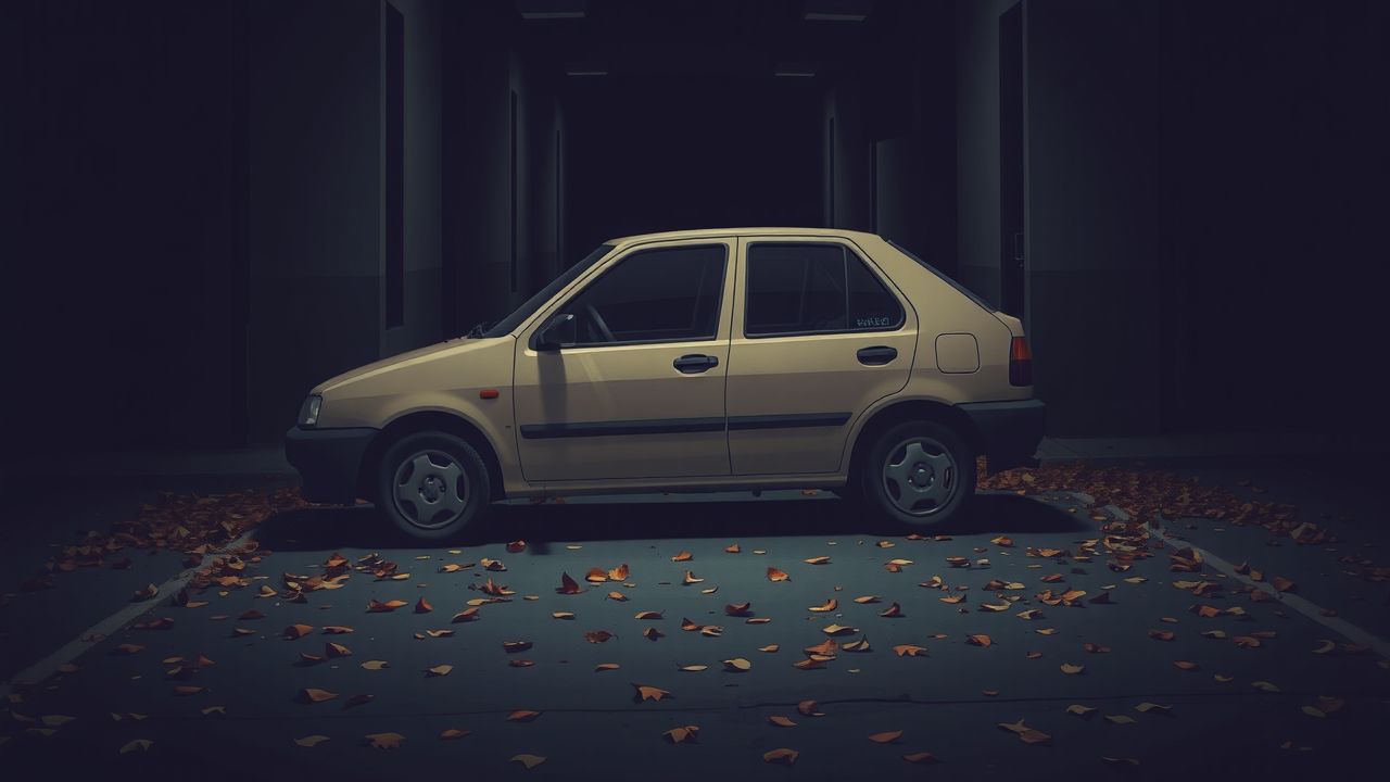 Een tweedehands auto geparkeerd in een donker steegje tussen gevallen bladeren.