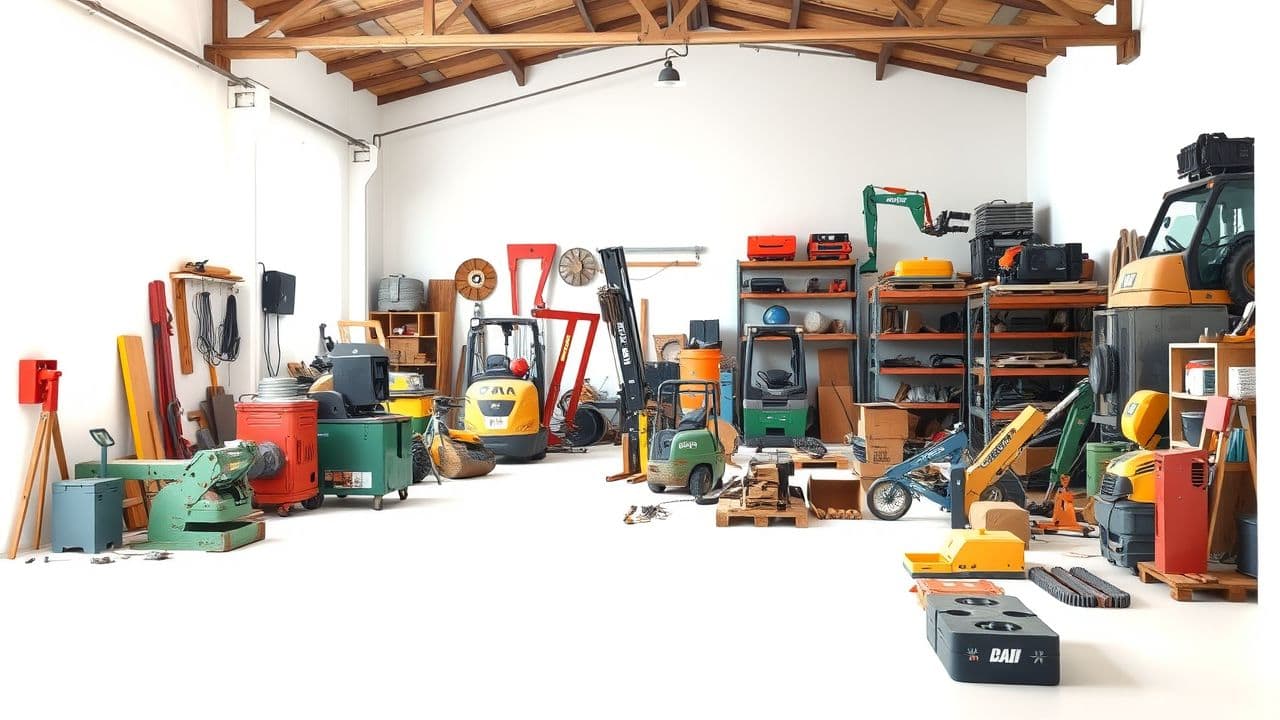 Een rommelig magazijn met diverse zware machines en gereedschap.