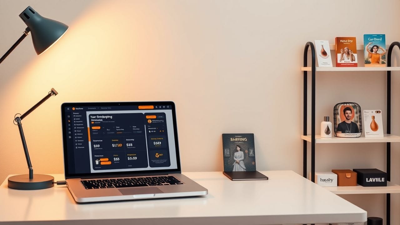 Een home office setup voor een online dropshipping business met laptop en product samples.